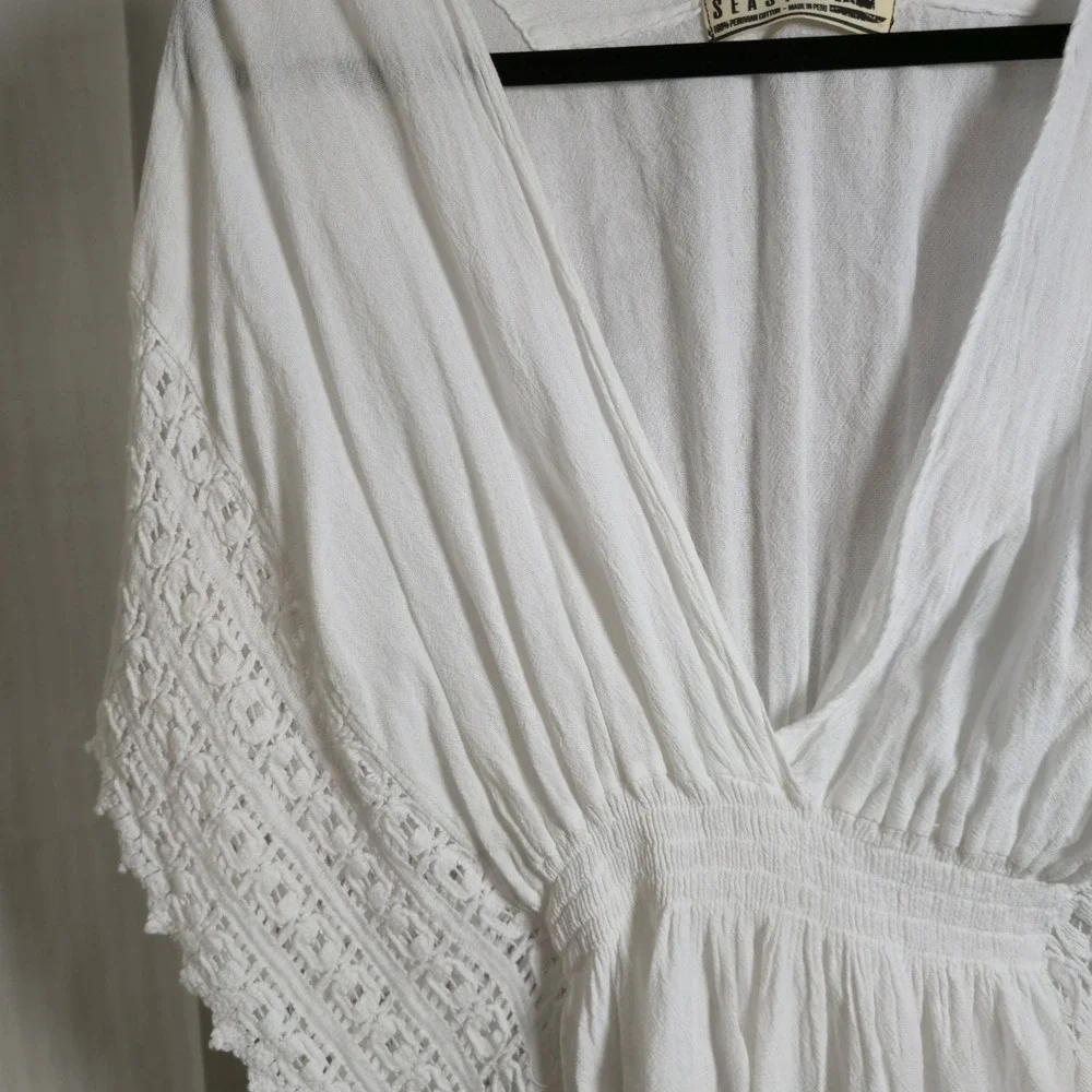 Seaspicea Resort Wear White Cotton Butterfly Crochet Trim Cover‎ Up Dress Medium